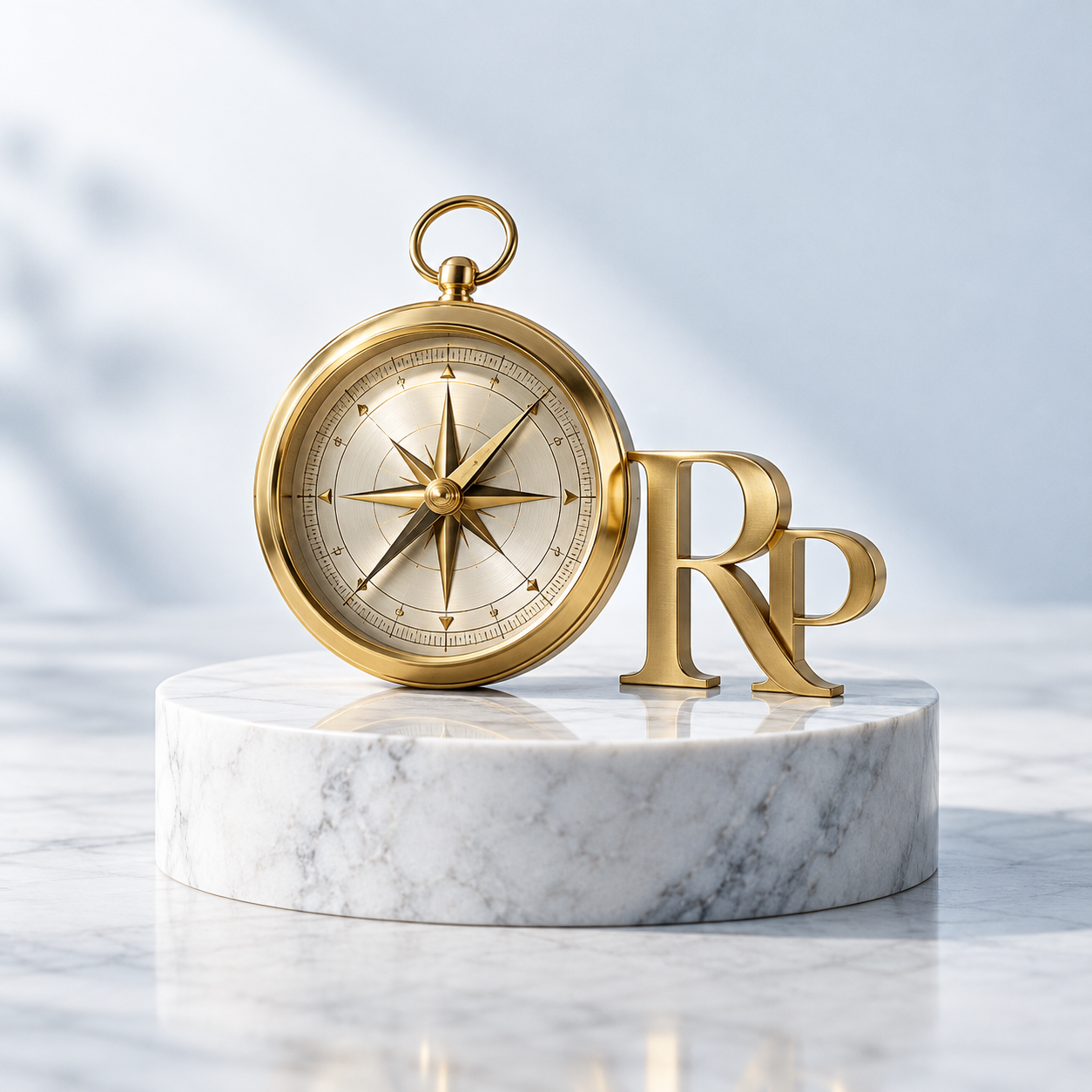Gold compass and RP monogram on a light studio background